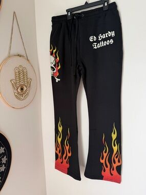 Ed Hardy Black Flame rhinestone flare Sweatpants